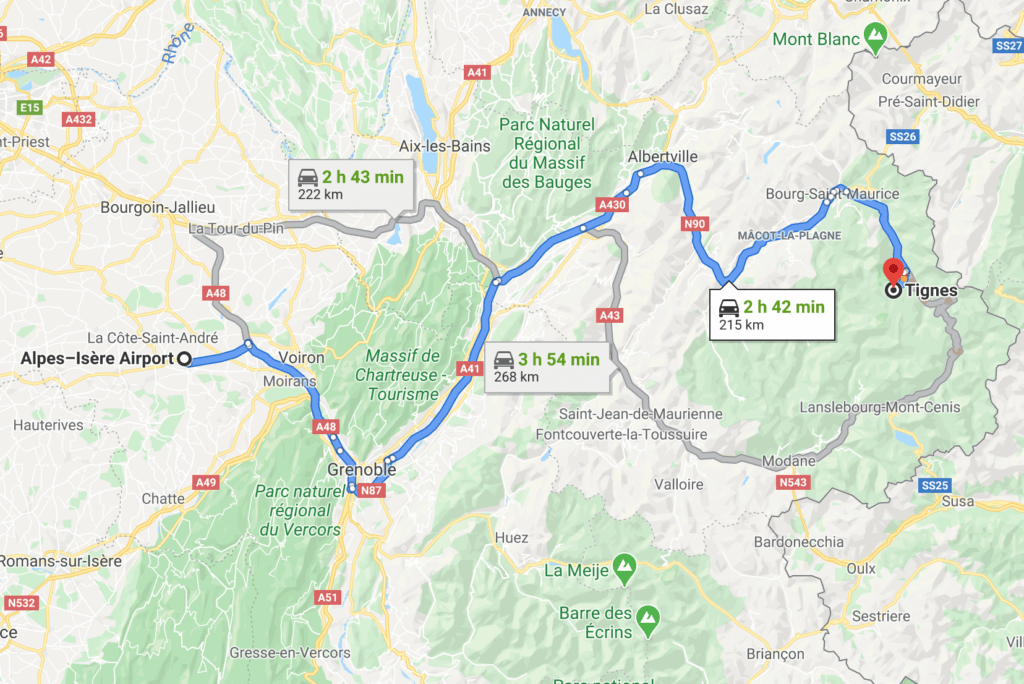 Grenoble airport to Tignes route